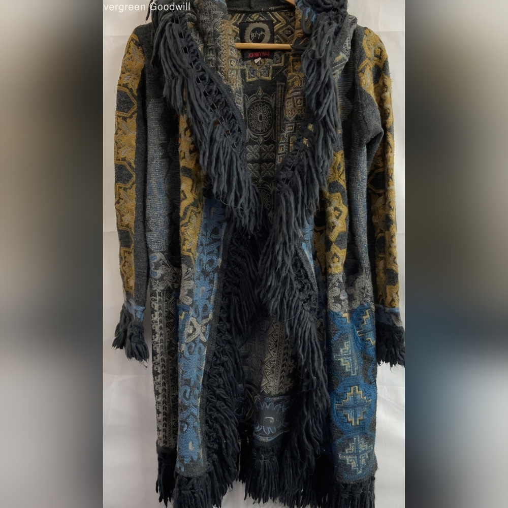 Johnny Was Blue and Gold Jacquard Coat With Fringe